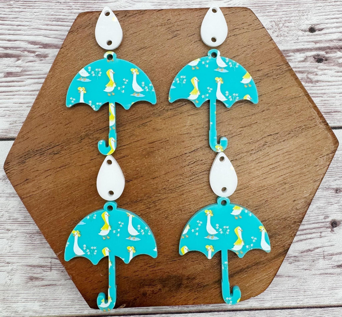 Spring Goose Print Umbrella and Raindrop Acrylic Earring Blank Set, DIY Jewelry Making