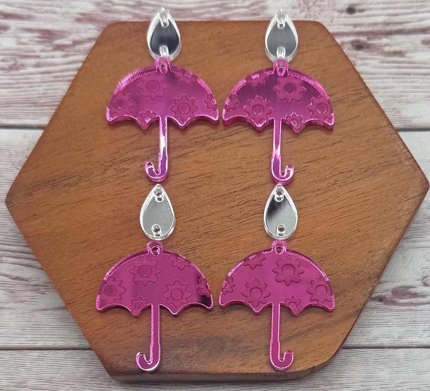 Engraved Pink Mirrored Umbrella and Raindrop Spring Acrylic Set Earring Blanks, DIY Jewelry Making
