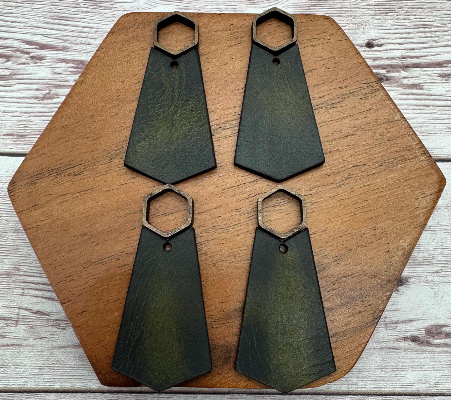 Hollow Wood Hexagon and Olive Green Vegetable Tanned Leather Set, Earring Blanks, Finished Walnut Blank, DIY Jewelry Making