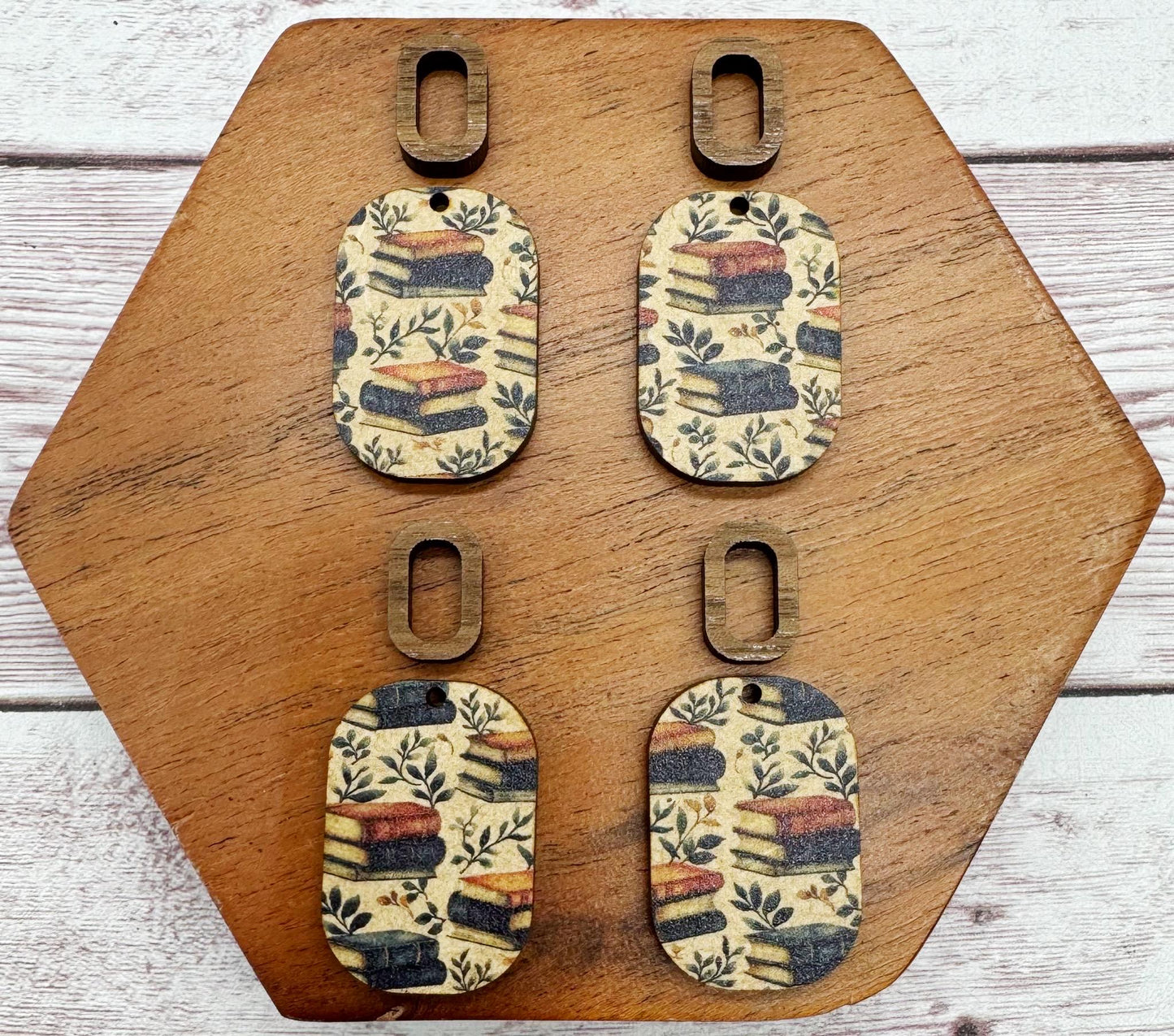 Patterned Book and Vines Print Double Rectangle Set, Wood Earring Blanks, DIY Jewelry Making
