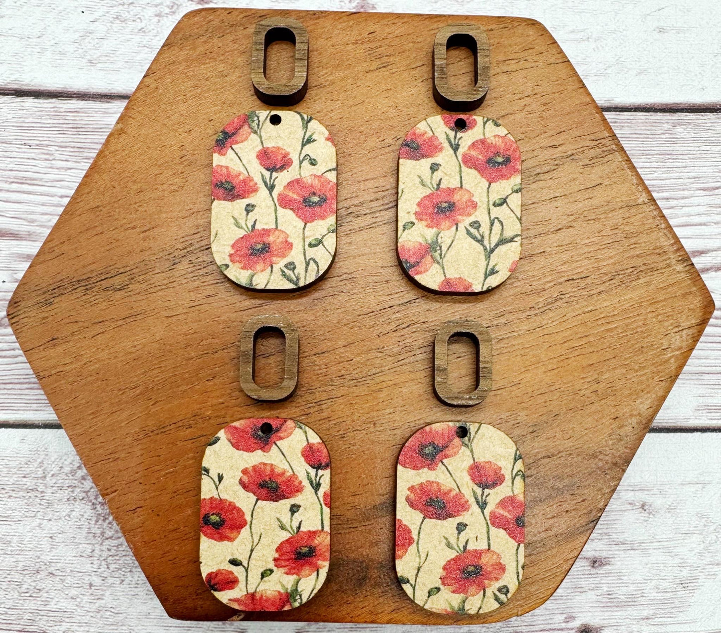 Patterned Floral Poppy Print Double Rectangle Set, Wood Earring Blanks, DIY Jewelry Making