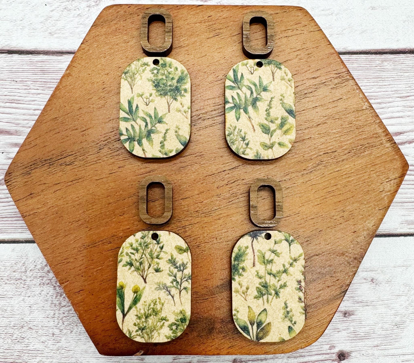 Patterned Greenery Print Double Rectangle Set, Wood Earring Blanks, DIY Jewelry Making