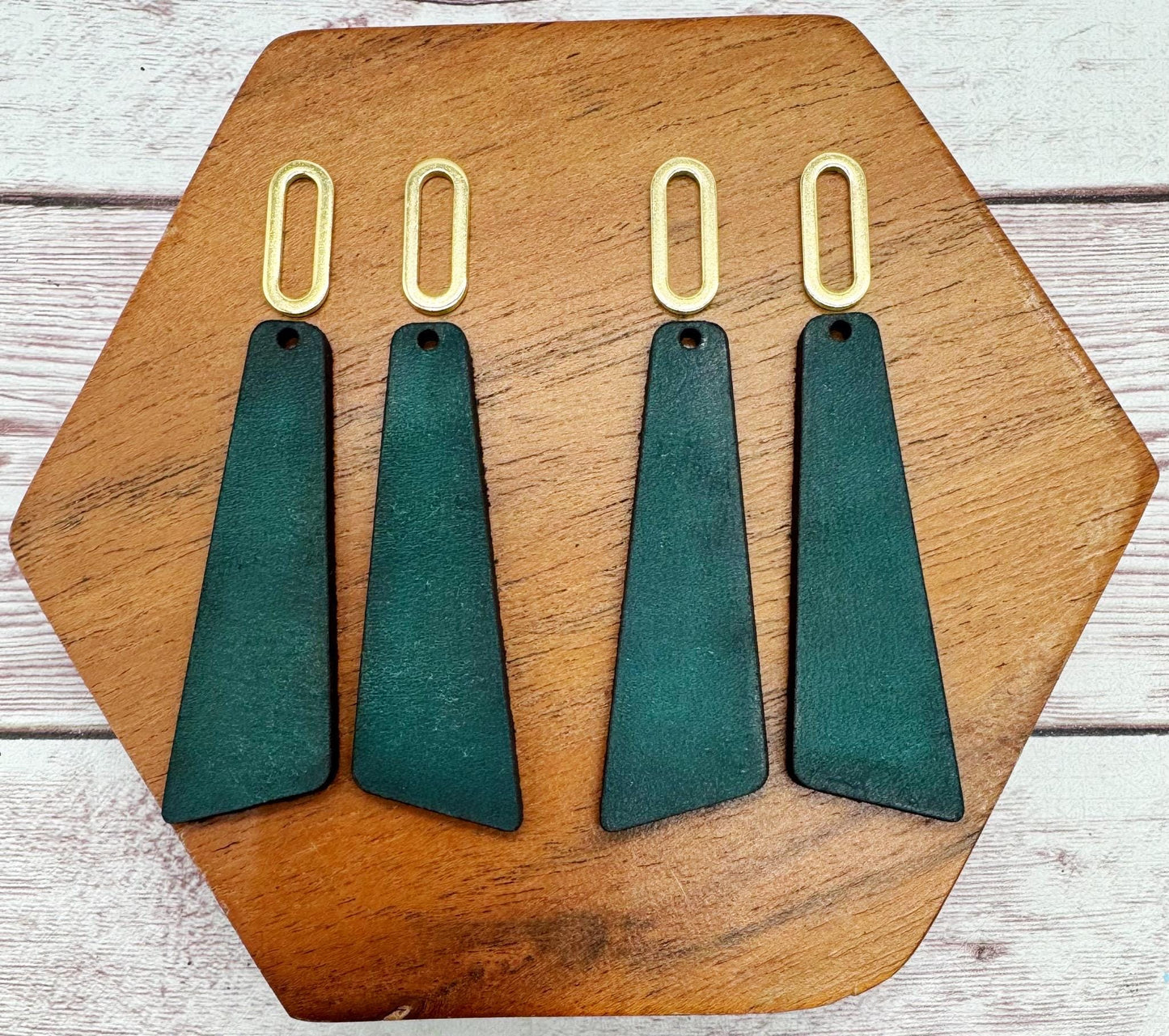 Angled Bar Teal Vegetable Tanned Leather and Gold Oval Connector Set, Earring Blanks, Finished Walnut Blank, DIY Jewelry Making