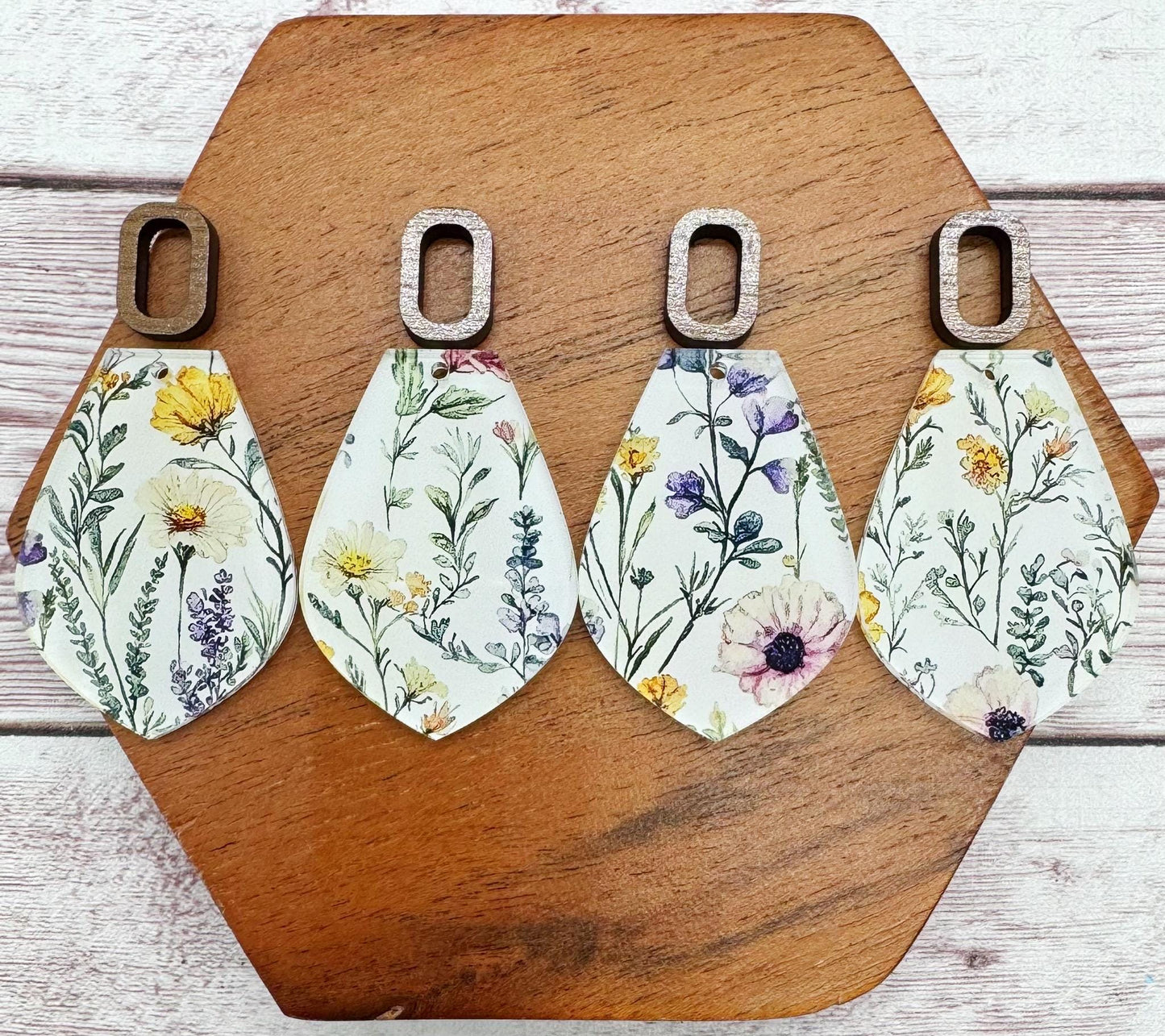 Patterned Wildflower Acrylic and Wood Rectangle Connector Set Earring Blanks, DIY Jewelry Making