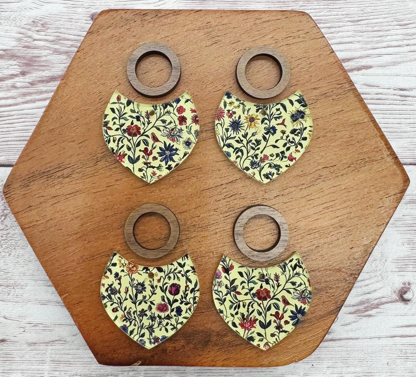 Patterned Floral Tapestry Print Acrylic With Wood Open Circle Connector Set, Earring Blanks, DIY Jewelry Making