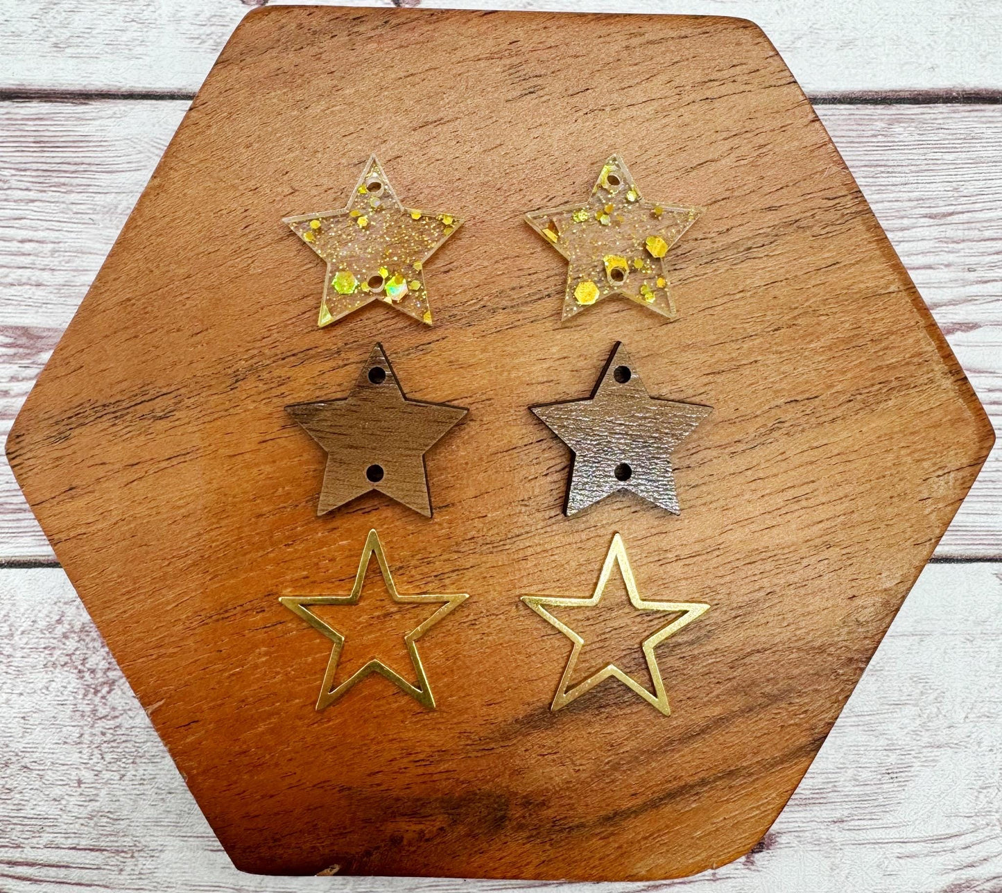 Gold and Wood Star Trio 4th of July Set Earring Blanks, DIY Jewelry Making
