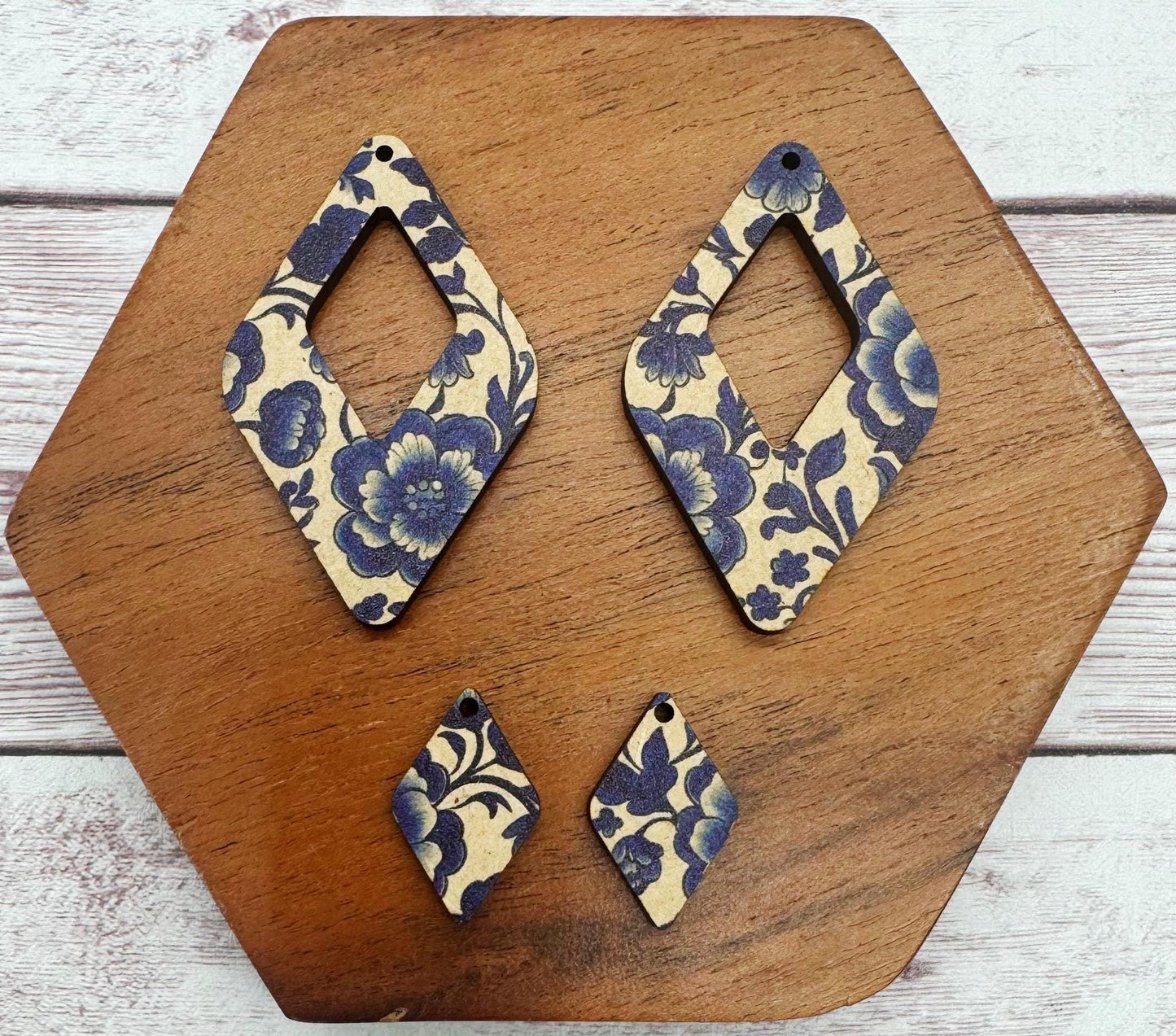 Set of 2 Pair Patterned Blue Floral Vine Print Wood Earring Blanks, DIY Jewelry Making