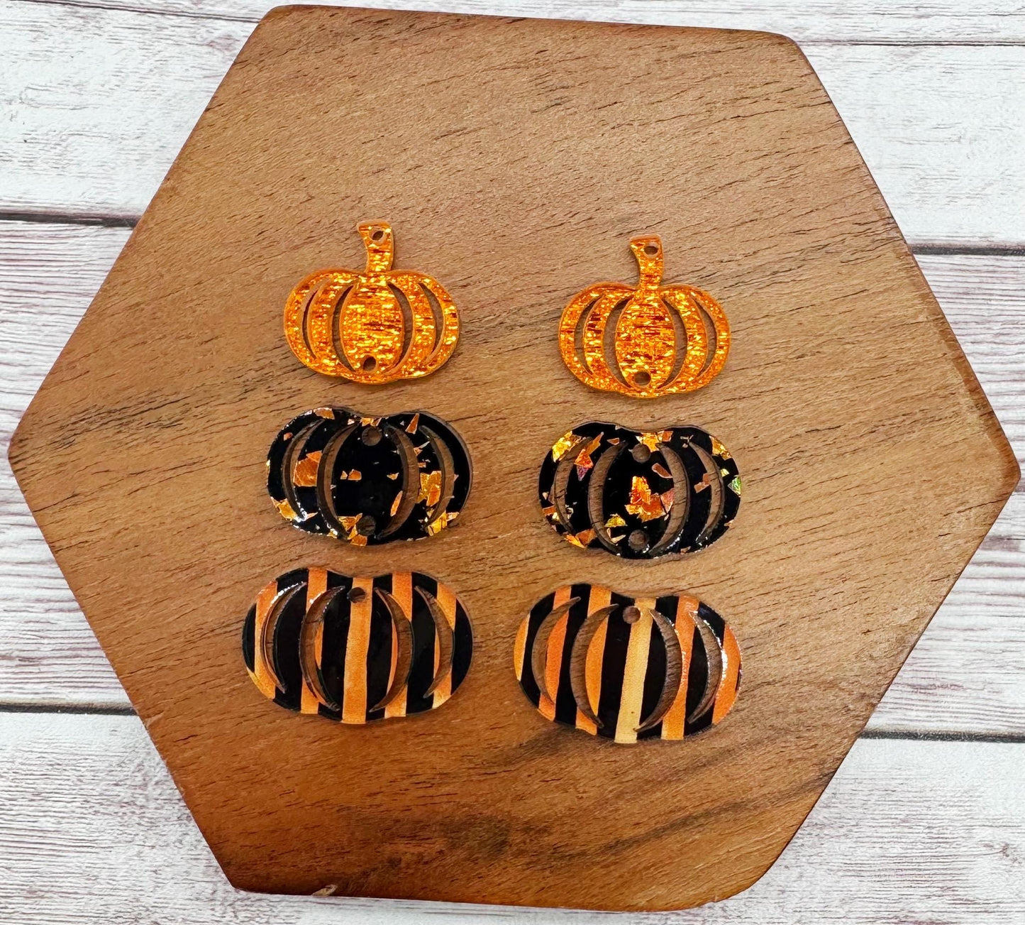 Striped, Glitter, and Shimmer Stacked Pumpkin Trio Acrylic Earring Blanks, DIY Jewelry Making