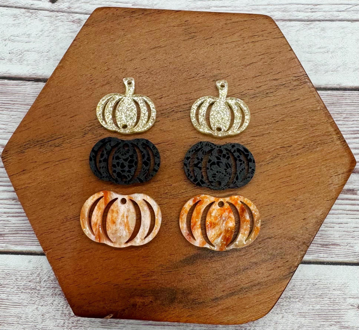 Orange Swirl Glitter, Black Lace, and Gold Shimmer Stacked Pumpkin Trio Acrylic Earring Blanks, DIY Jewelry Making