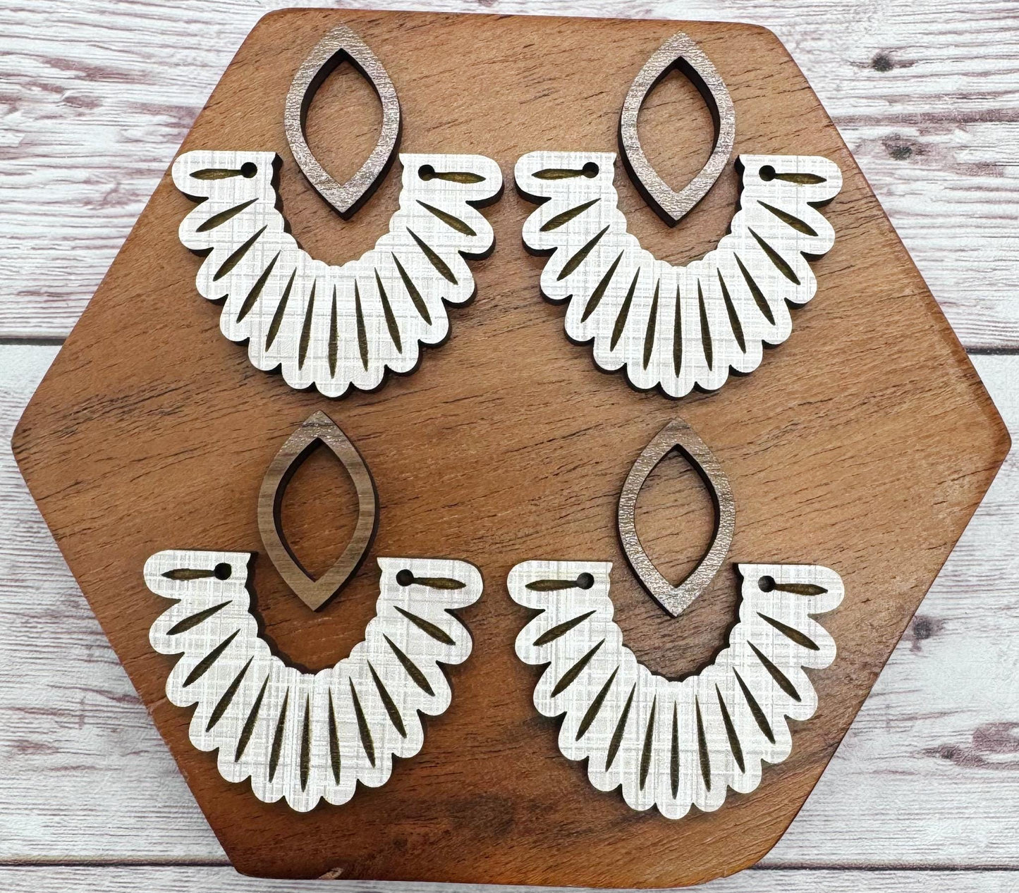 Engraved Scalloped Linen Print Wood and Open Wood Cat Eye Connector Set Earring Blanks, DIY Jewelry Making