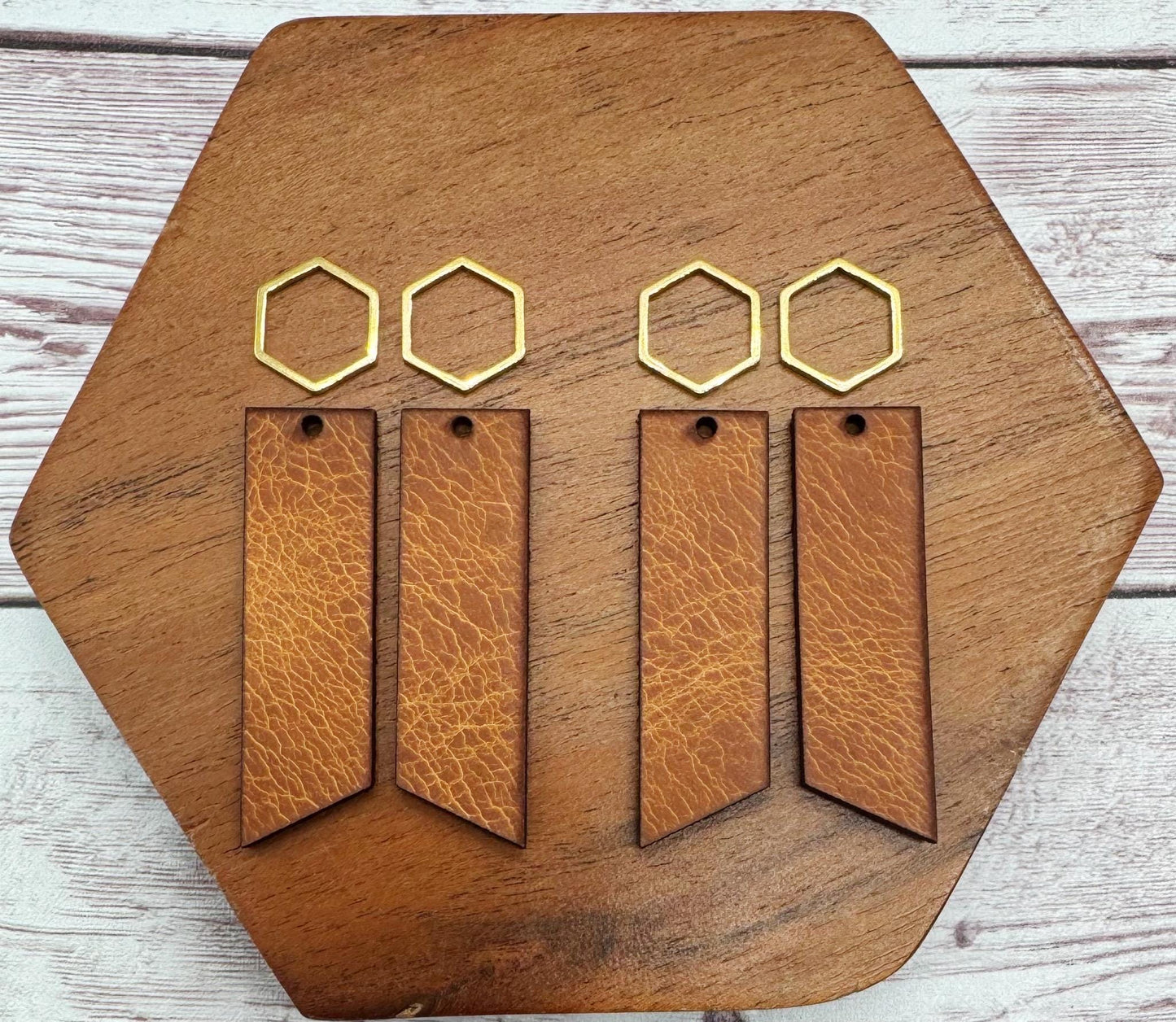 Natural Vegetable Tanned Leather Bar and Gold Hexagon Connector Set, Earring Blanks, DIY Jewelry Making