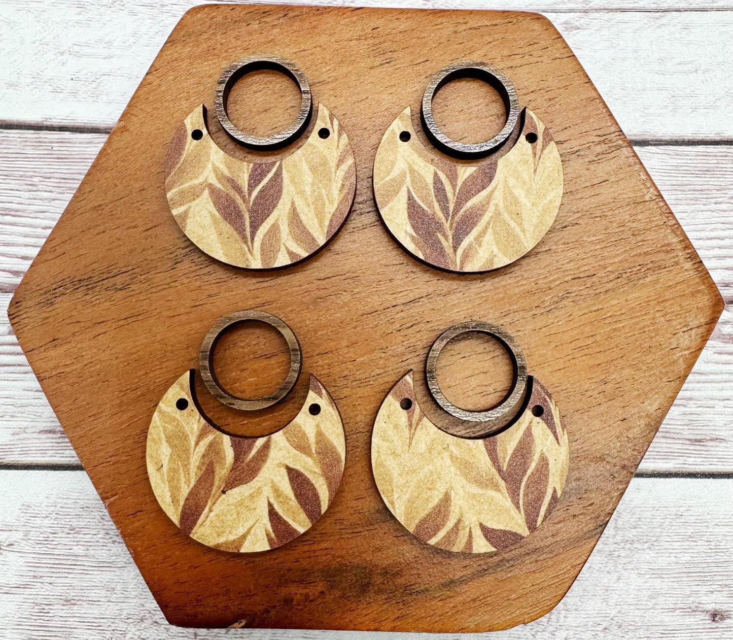 Patterned Brown Leaf Print Wood and Wood Open Circle Connector Earring Blank Set, DIY Jewelry Making