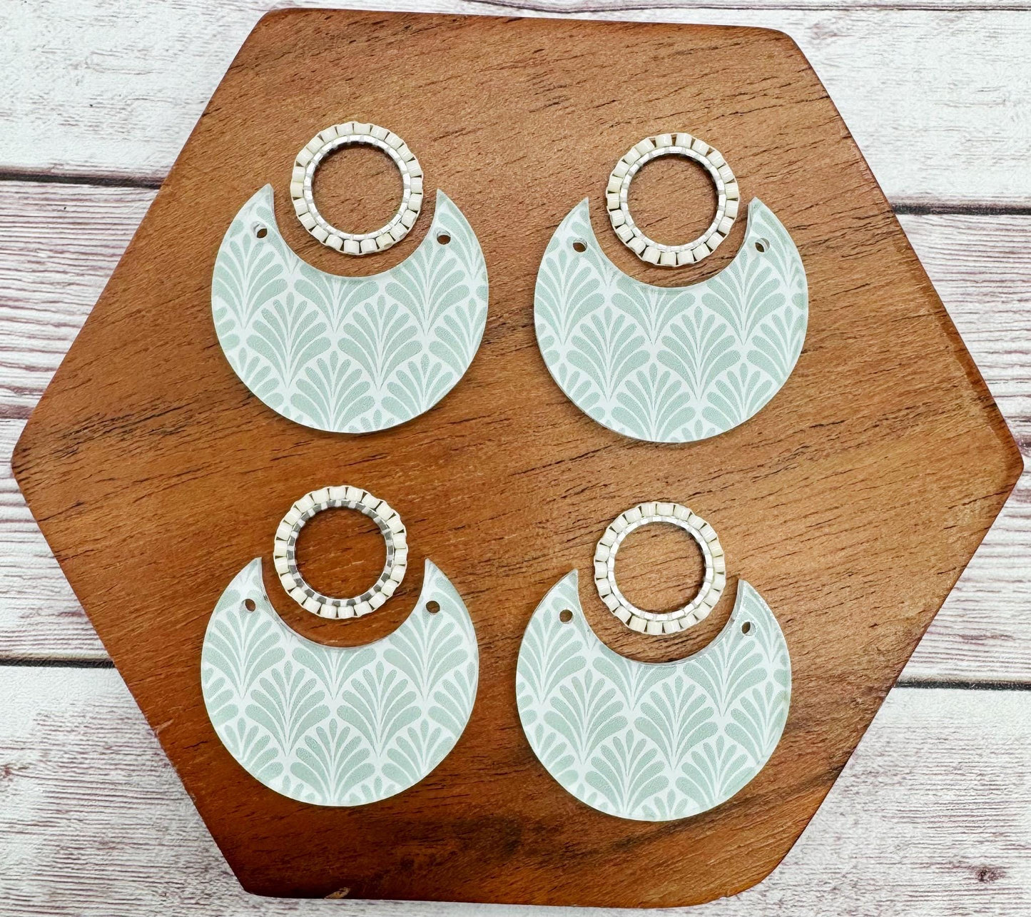 Fern Fan Print Acrylic and White Japanese Seed Bead Open Circle Connector Earring Blank Set, DIY Jewelry Making