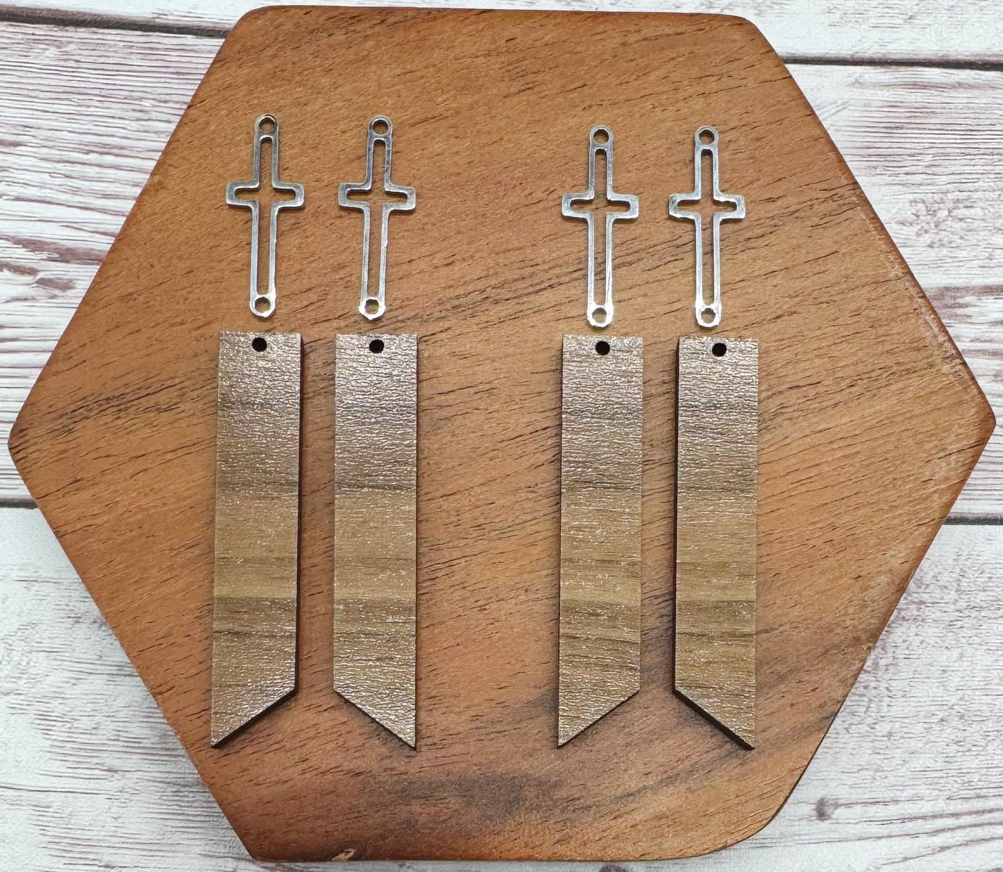 Walnut Bar and Stainless Steel Silver Cross Connector Set, Earring Blanks, DIY Jewelry Making