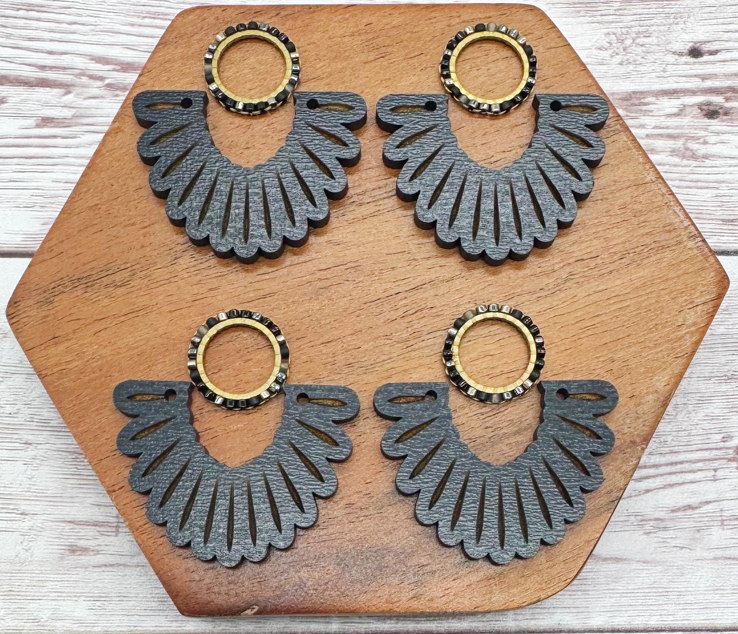 Engraved Scalloped Black Wood and Japanese Seed Bead Open Circle Connector Set Earring Blanks, DIY Jewelry Making