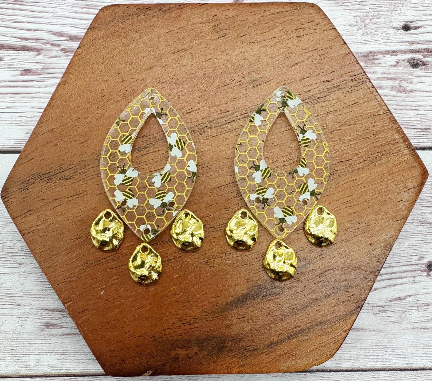 Bee Print Acrylic and Gold Teardrop Dangle Set Earring Blanks, DIY Jewelry Making