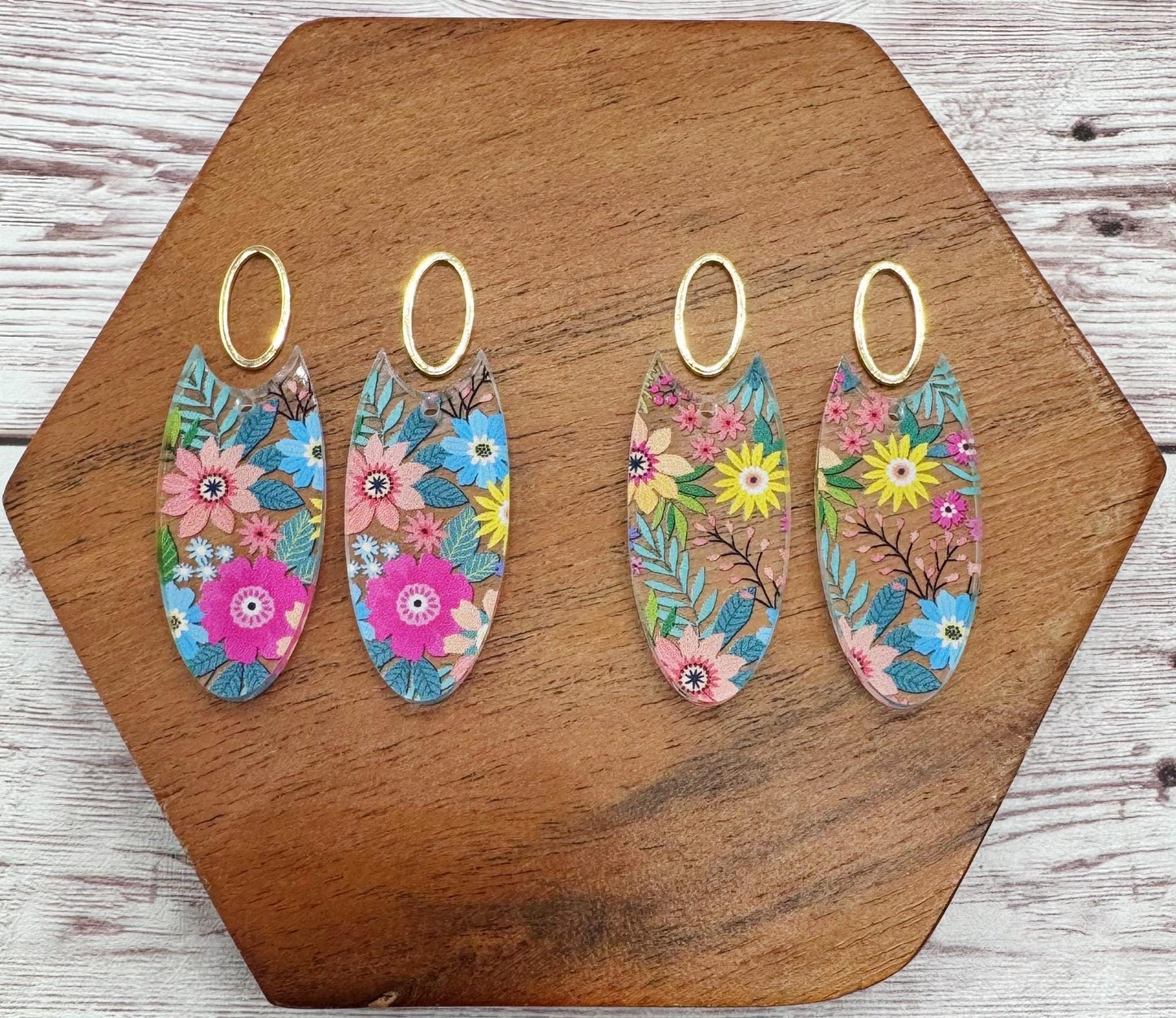 Floral Print Acrylic Elongated Oval and Gold Oval Connector Set, Earring Blanks, DIY Jewelry Making
