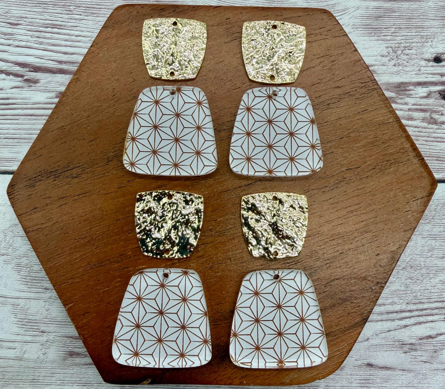 White Print Acrylic and Hammered Gold Trapezoid Connector Set Earring Blanks, DIY Jewelry Making
