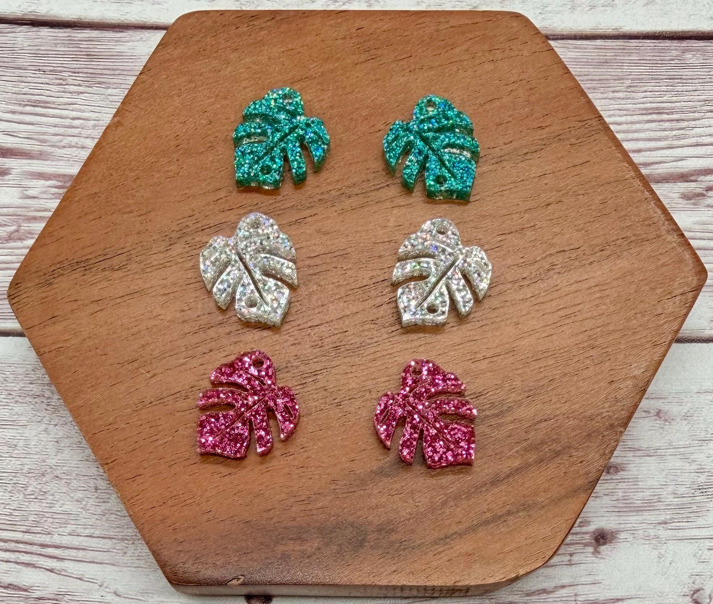 Teal, Holographic, and Pink Glitter Monstera Leaf Trio Summer Tropical Acrylic Earring Blanks, DIY Jewelry Making