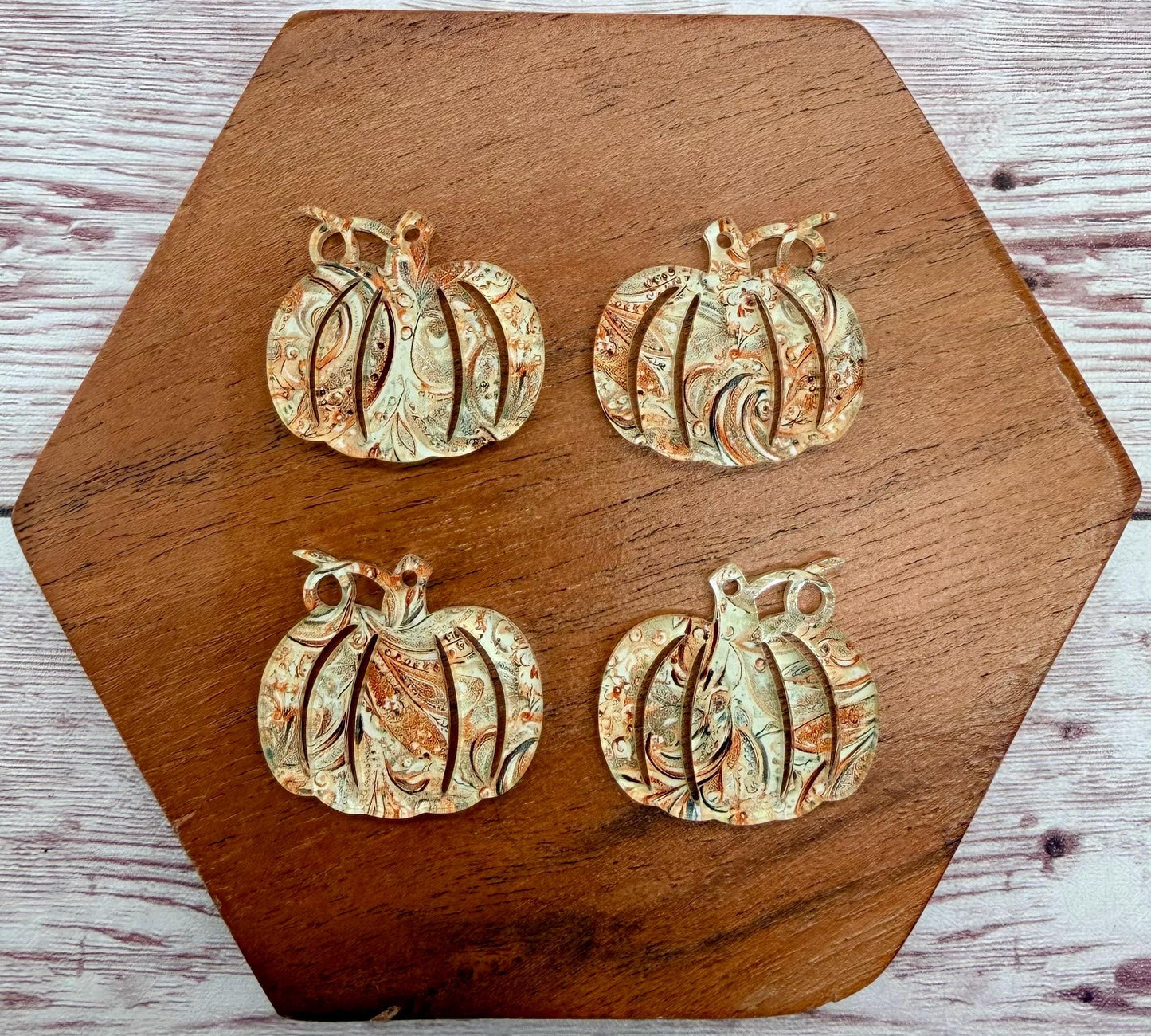 Set of 2 Pumpkin Orange and Tan Tooled Print Acrylic Fall Earring Blanks DIY Jewelry Making