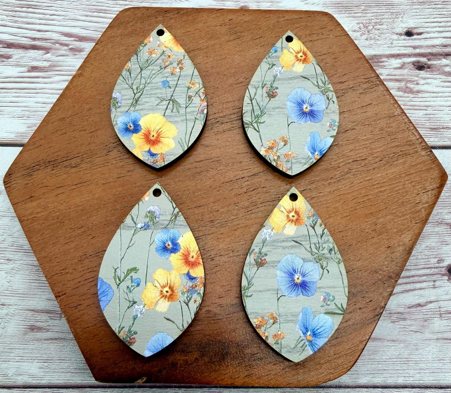 Farmhouse Pressed Wildflower Print Patterned Wood Teardrop Earring Blanks, DIY Jewelry Making