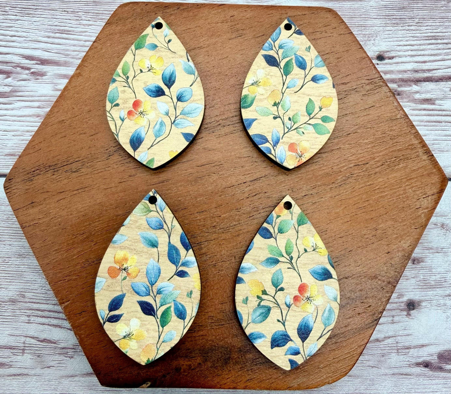 Vine and Flower Print Patterned Wood Teardrop Earring Blanks, DIY Jewelry Making