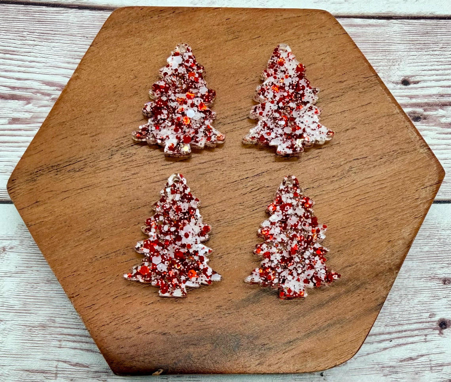 Set of 2 Pair Christmas Tree Red and White Glitter Acrylic Earring Blanks DIY Jewelry Making
