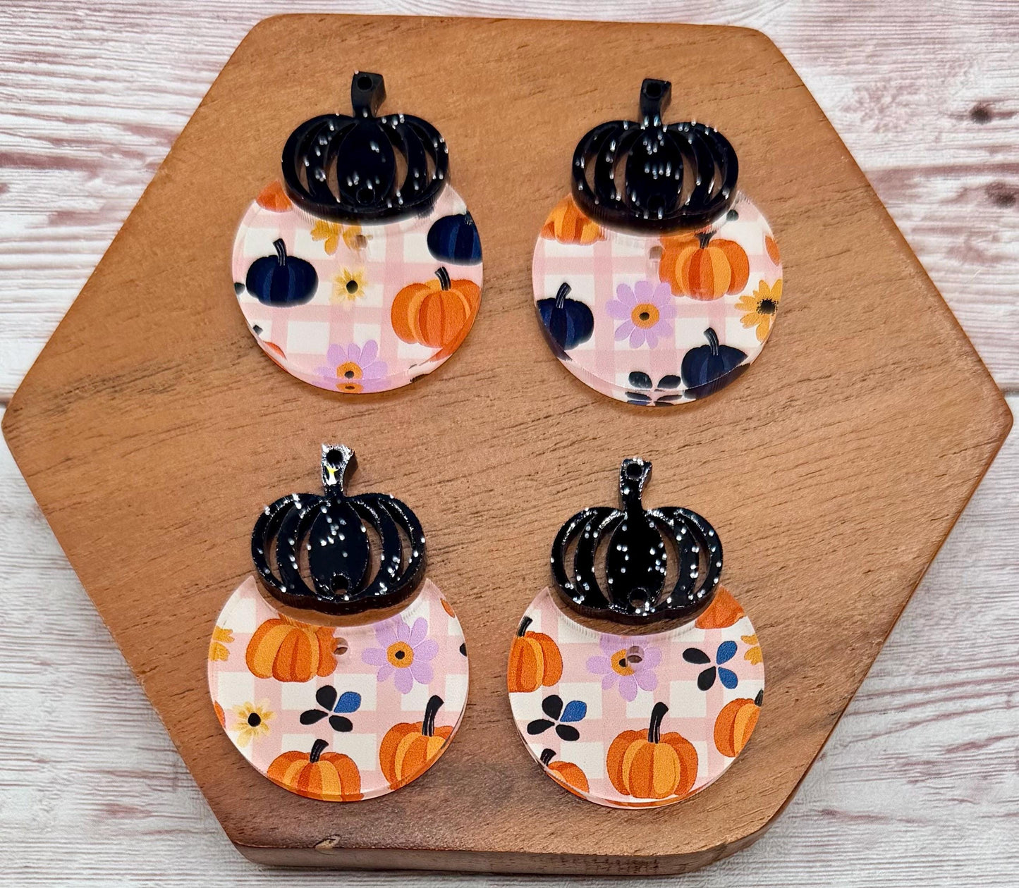 Pink, Black, and Orange Flower and Pumpkin Print Acrylic and Pumpkin Connector, Fall Halloween Set Earring Blanks, DIY Jewelry Making