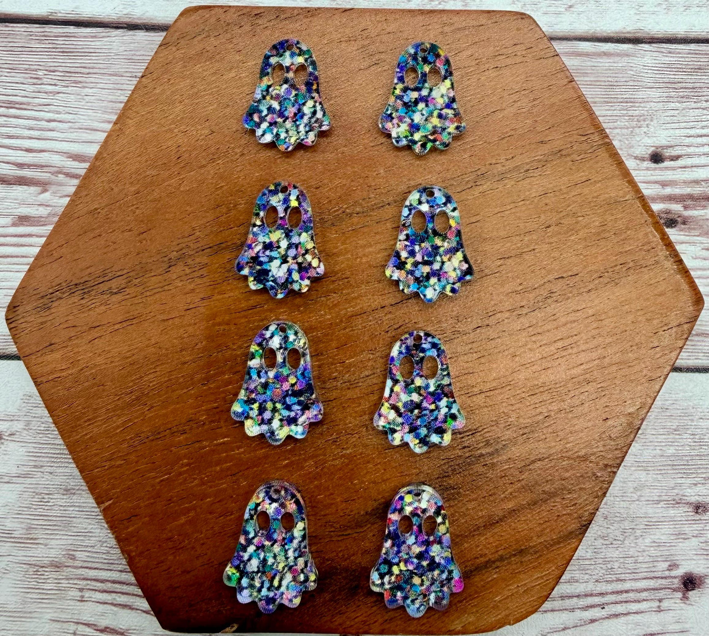 Set of 4 Pair Micro Dot Print Acrylic Mini Ghost Dangle Earring Blanks, Halloween, Fall, DIY Jewelry Making