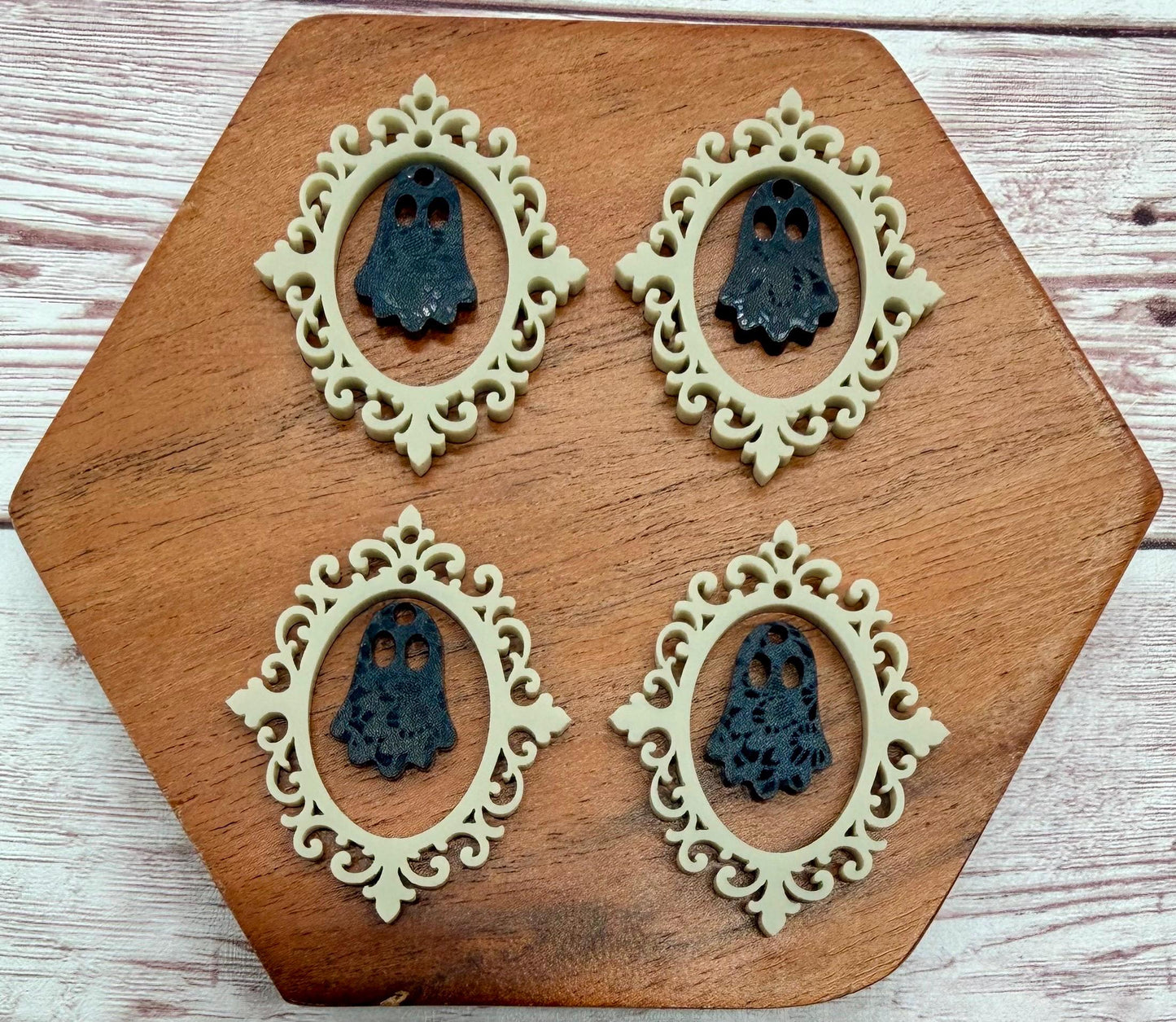 Intricate Vintage Frame and Ghost Beige and Black Lace Acrylic Fall Halloween Set Earring Blanks, DIY Jewelry Making