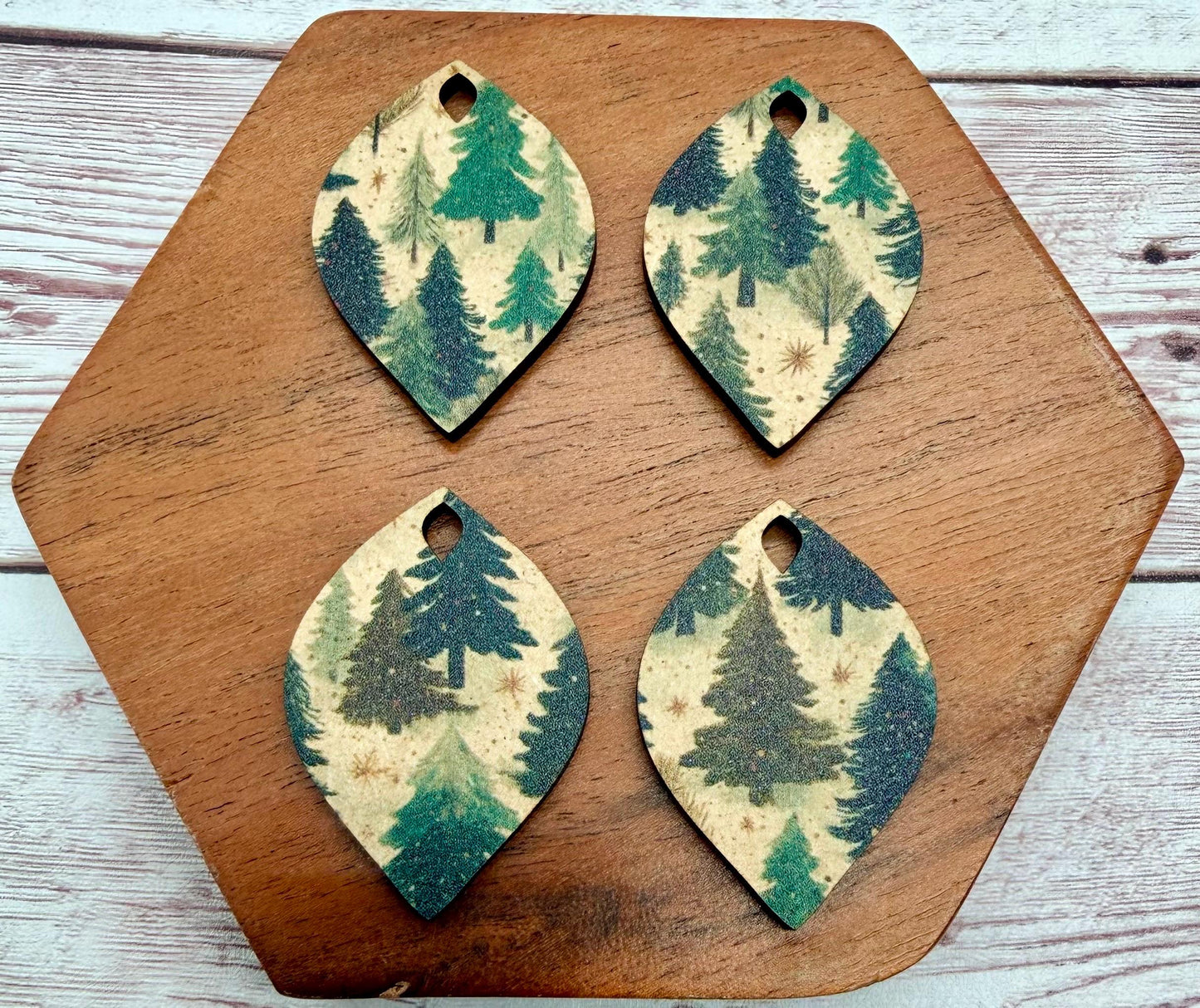 Patterned Winter Tree Print Wood Earring Blanks, Christmas, Holiday, DIY Jewelry Making