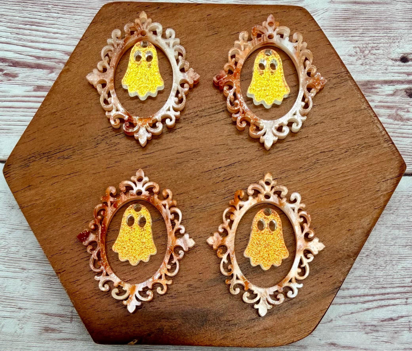 Intricate Vintage Frame and Ghost Orange Glitter Swirl and Textured Iridescent Acrylic Fall Halloween Set Earring Blanks, DIY Jewelry Making