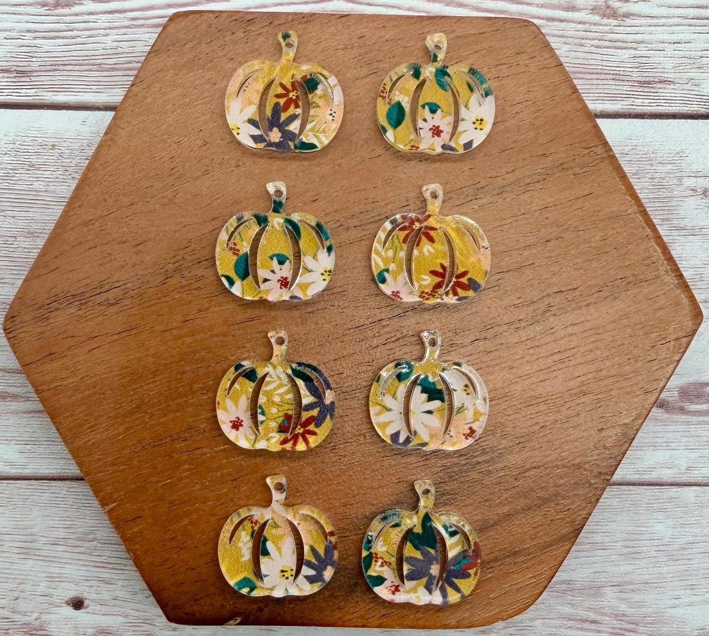 Set of 4 Pair Mustard Floral Print Acrylic Mini Pumpkin Dangle Earring Blanks, Halloween, Fall, DIY Jewelry Making