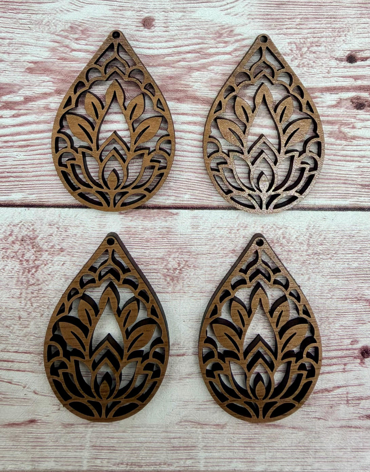 Intricate Flower Leaves Teardrop Finished Walnut Wood Earring Blanks, DIY Jewelry Making