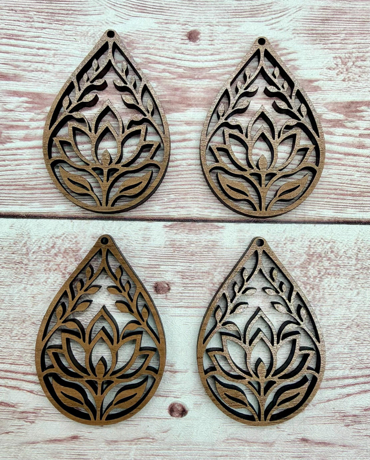 Intricate Lotus Teardrop Finished Walnut Wood Earring Blanks, DIY Jewelry Making