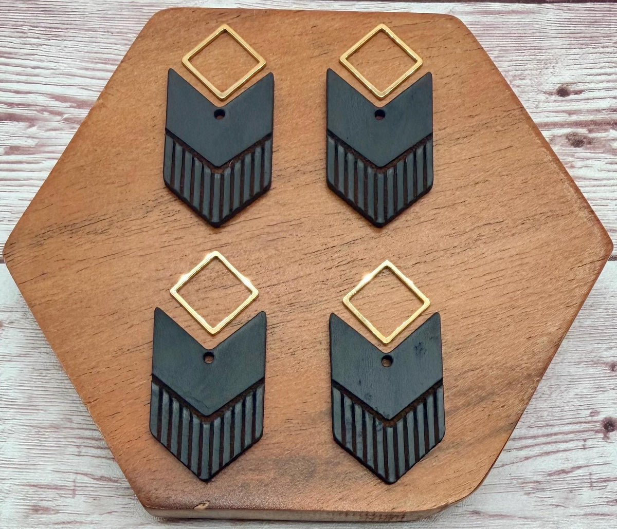 Engraved Arrow Black Vegetable Tanned Leather and Gold Connector Set Earring Blanks, DIY Jewelry Making