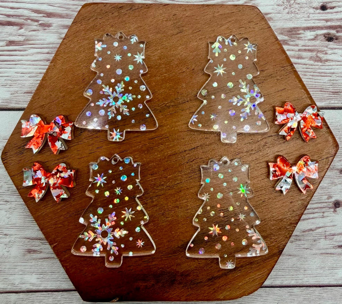 Clear Iridescent Snowflake Print Layered Bow Christmas Tree Acrylic Earring Blanks, Winter, DIY Jewelry Making