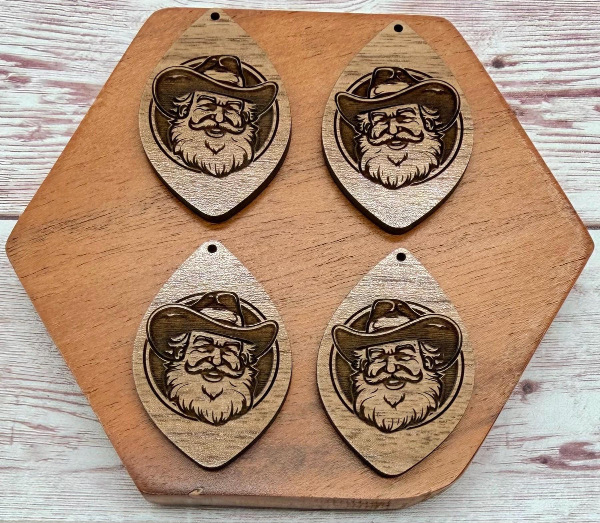 Cowboy Santa Engraved Walnut Winter Christmas Earring Blanks, Finished Walnut Blank, DIY Jewelry Making
