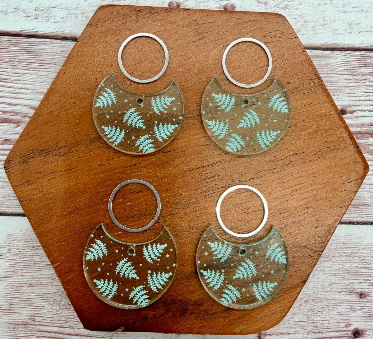 Engraved Winter Trees Green Glass Acrylic and Silver Circle Set Earring Blanks, DIY Jewelry Making