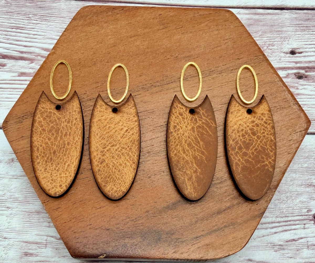 Natural Vegetable Tanned Leather Elongated Oval and Gold Oval Connector Set, Earring Blanks, DIY Jewelry Making