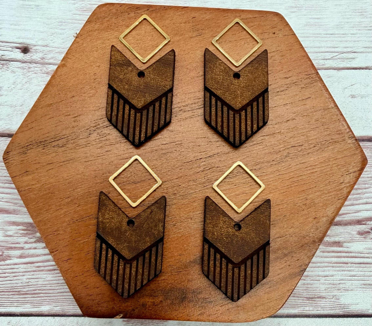 Engraved Arrow Brown Vegetable Tanned Leather and Gold Connector Set Earring Blanks, DIY Jewelry Making