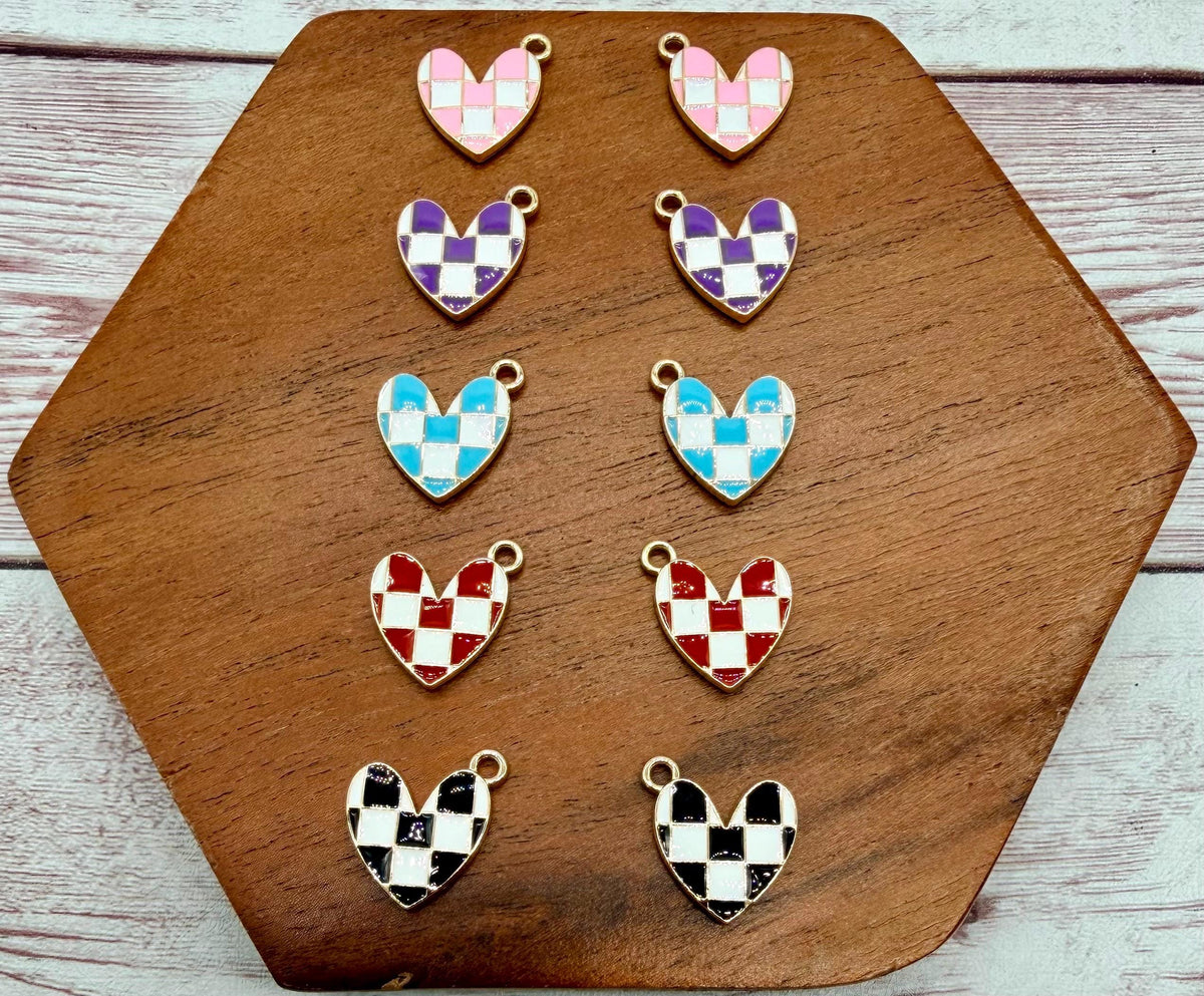 Set of 5 Pair Enamel Checkered Heart Earring Charms, Valentine, Earring Findings, DIY Jewelry Making