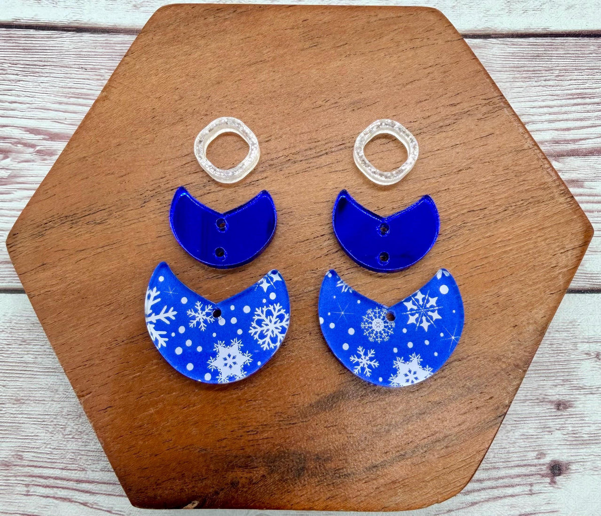 Blue Winter Snowflake Print Acrylic Trio Earring Blanks, Christmas, DIY Jewelry Making