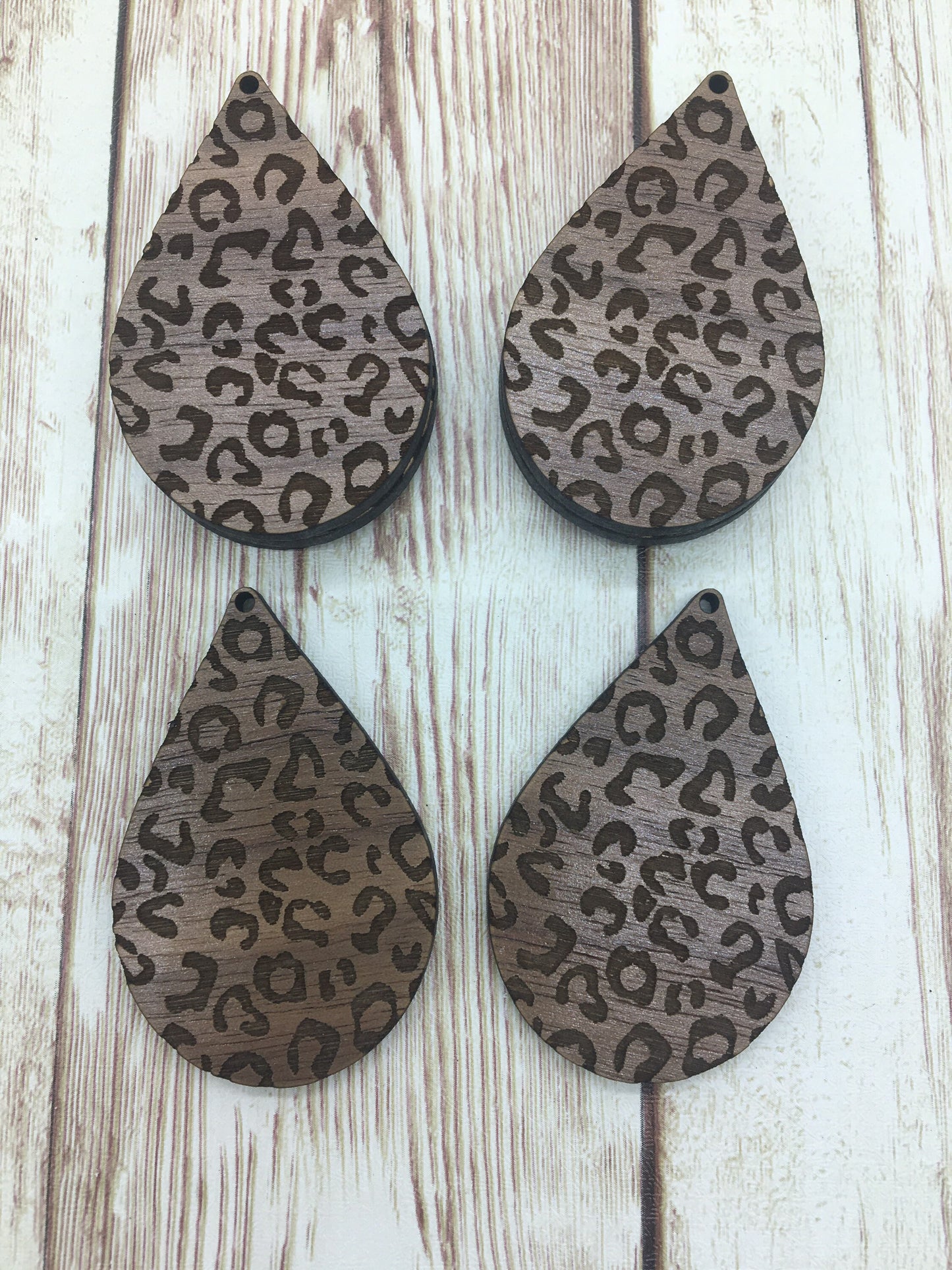 Wood Teardrop Engraved Leopard Print Earring Blanks, Finished Walnut Blank, DIY Jewelry Making