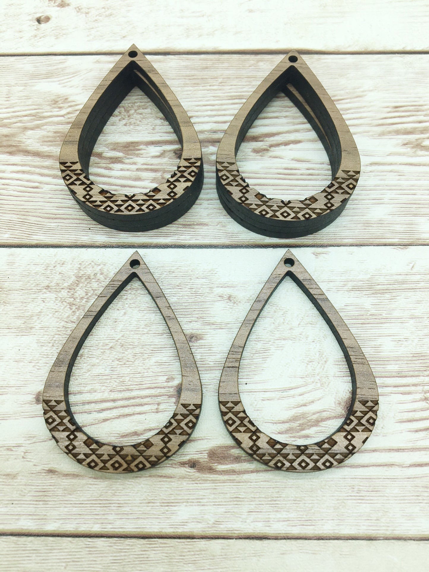 Wood Open Teardrop Engraved Aztec Print Earring Blanks, Finished Walnut Blank, DIY Jewelry Making
