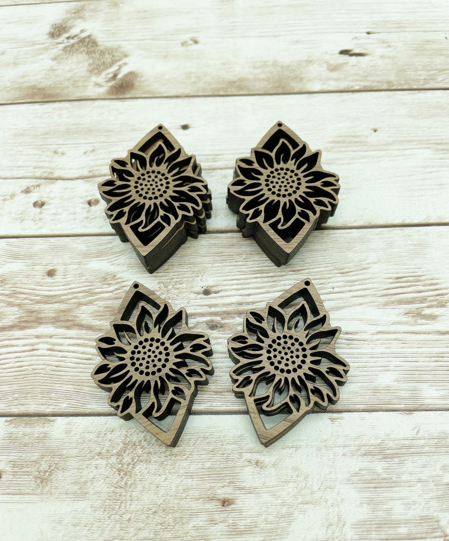 Wood Teardrop Full Sunflower Earring Blanks, Finished Walnut Blank, DIY Jewelry Making