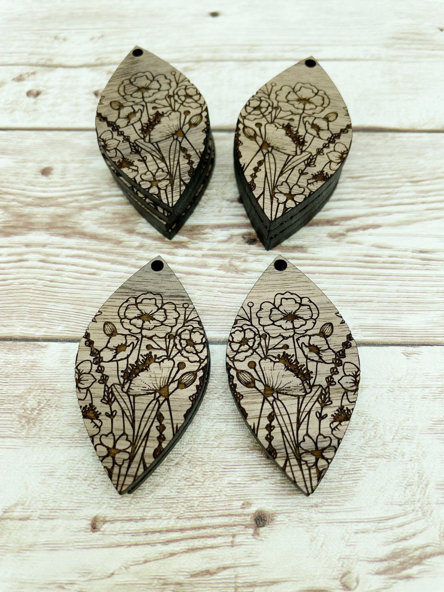 Wood Teardrop Engraved Wildflower Earring Blanks, Finished Walnut Blank, DIY Jewelry Making