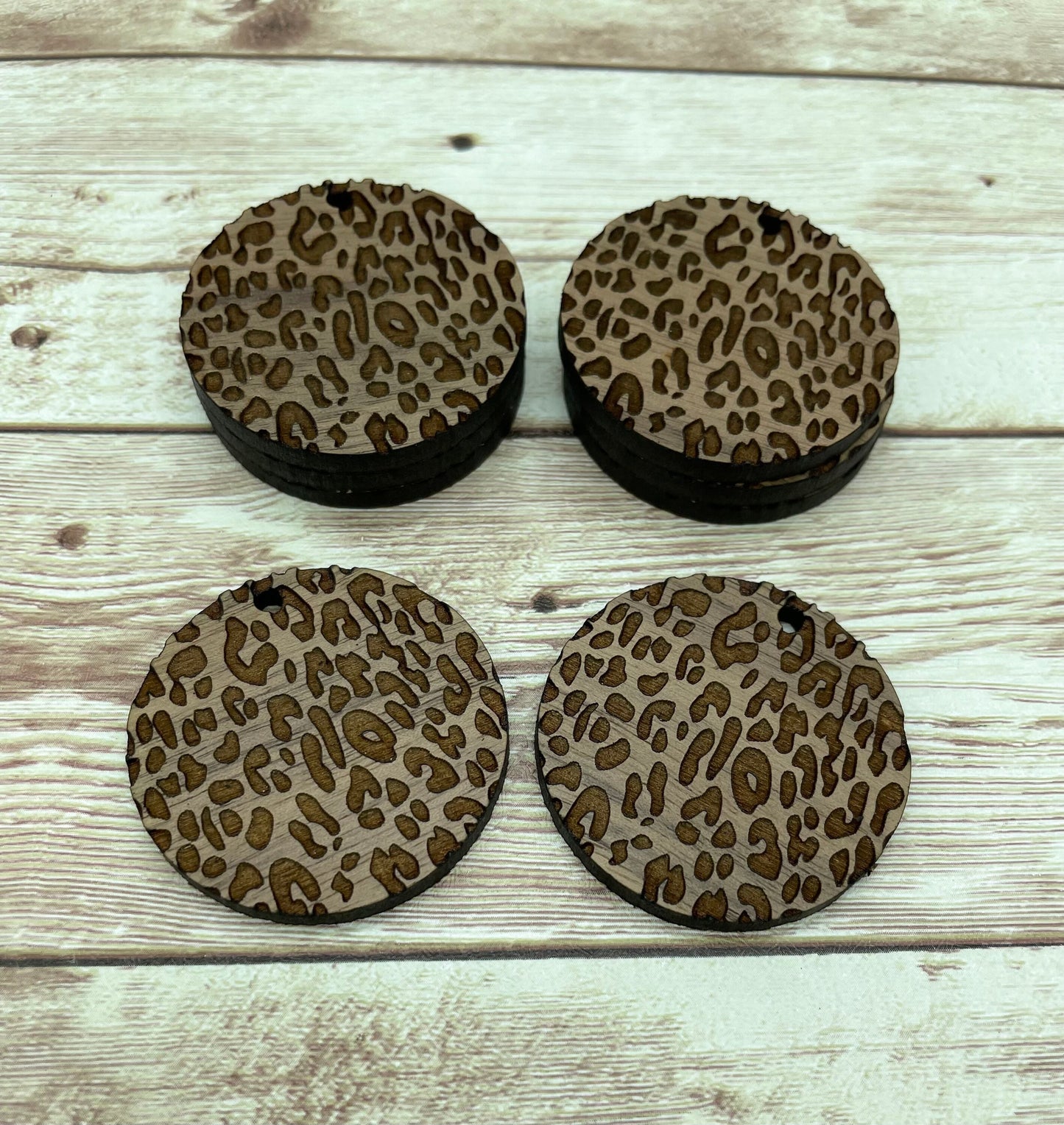Wood Circle Round Engraved Leopard Print Earring Blanks, Finished Walnut Blank, DIY Jewelry Making