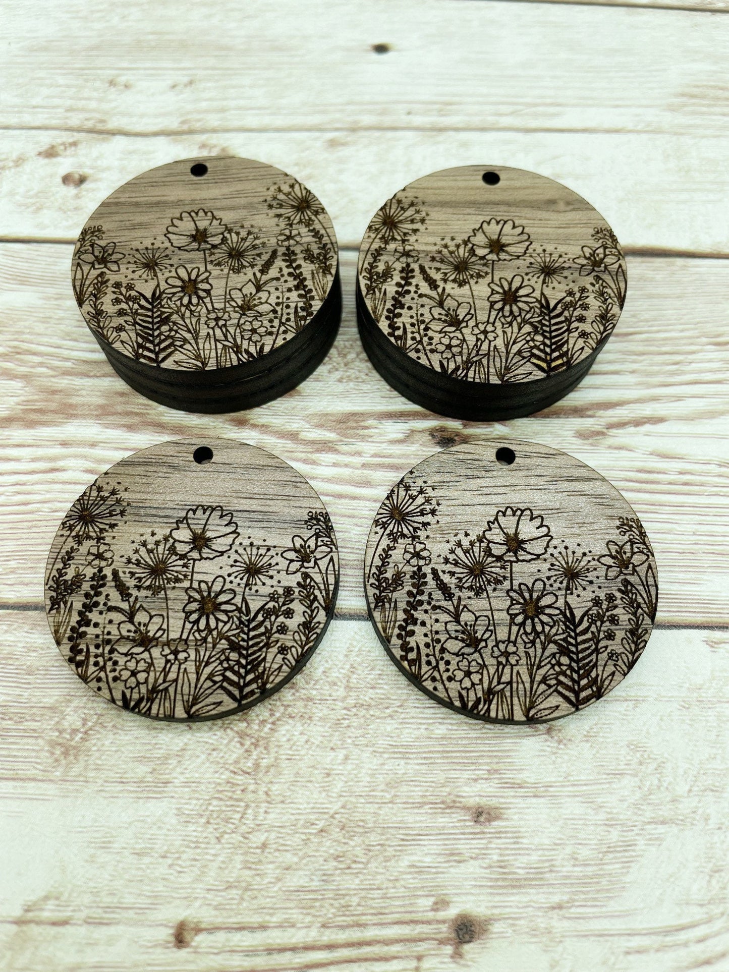 Wood Circle Engraved Wildflower Earring Blanks, Finished Walnut Blank, DIY Jewelry Making