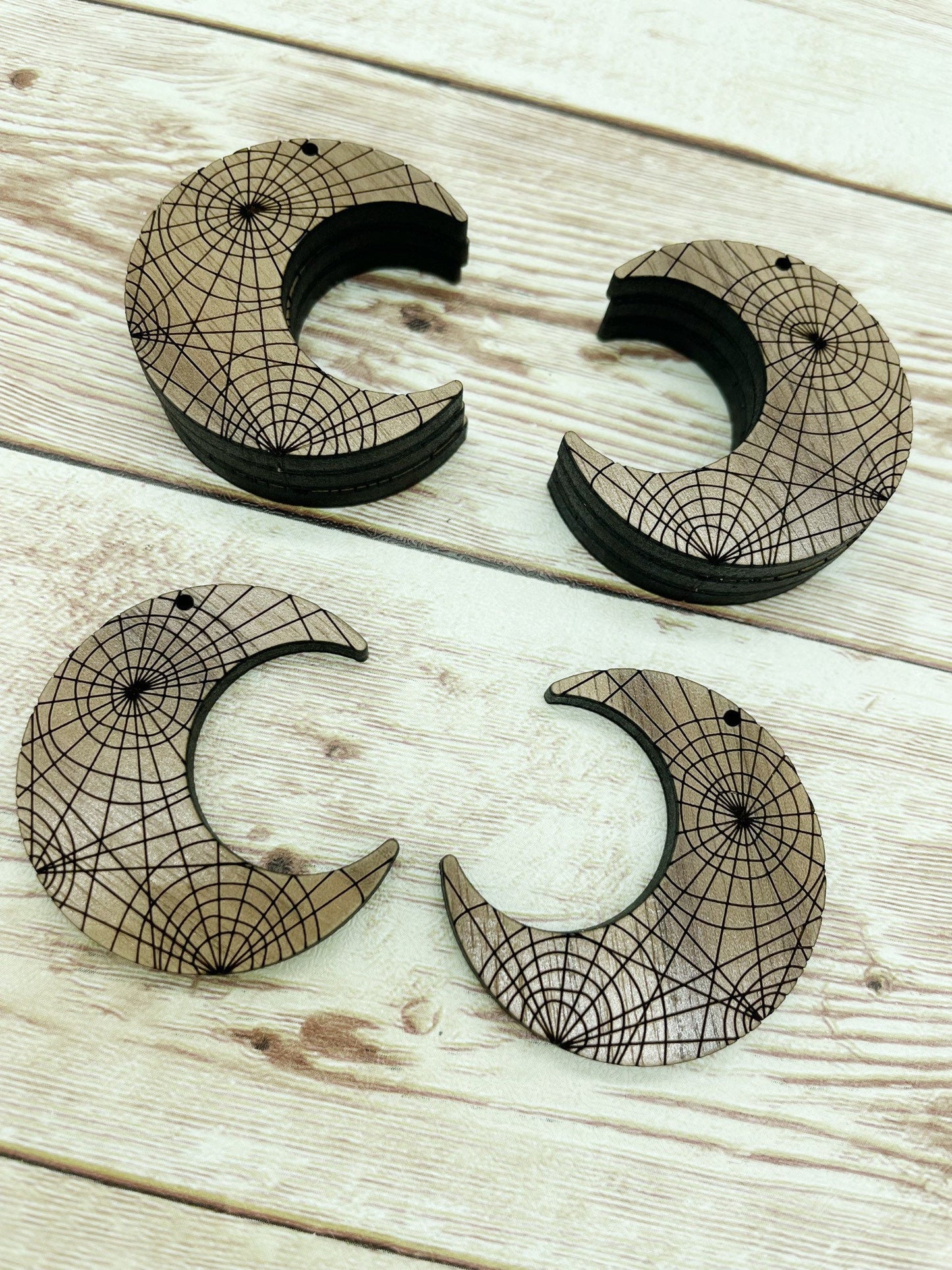 Wood Engraved Spiderweb Moon Earring Blanks, Finished Walnut Blank, DIY Jewelry Making